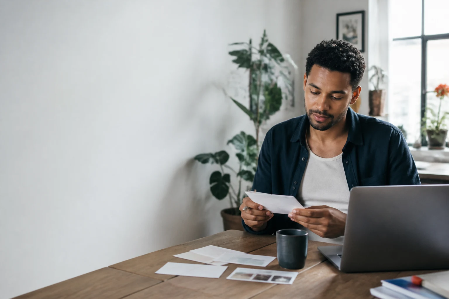 Creator calmly reviewing a phone and notebook at a bright desk