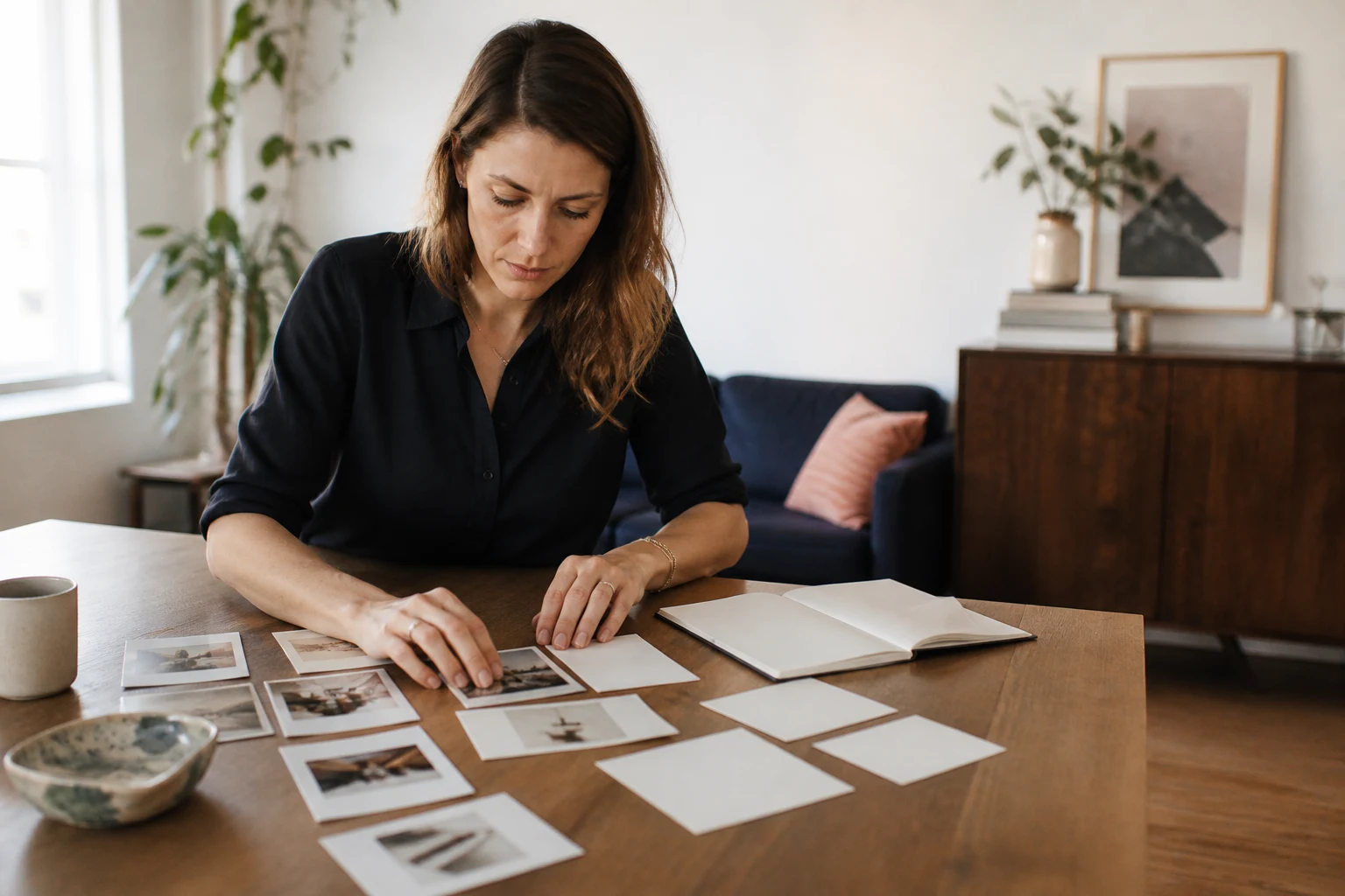 Small business owner planning content beside a laptop and flowers