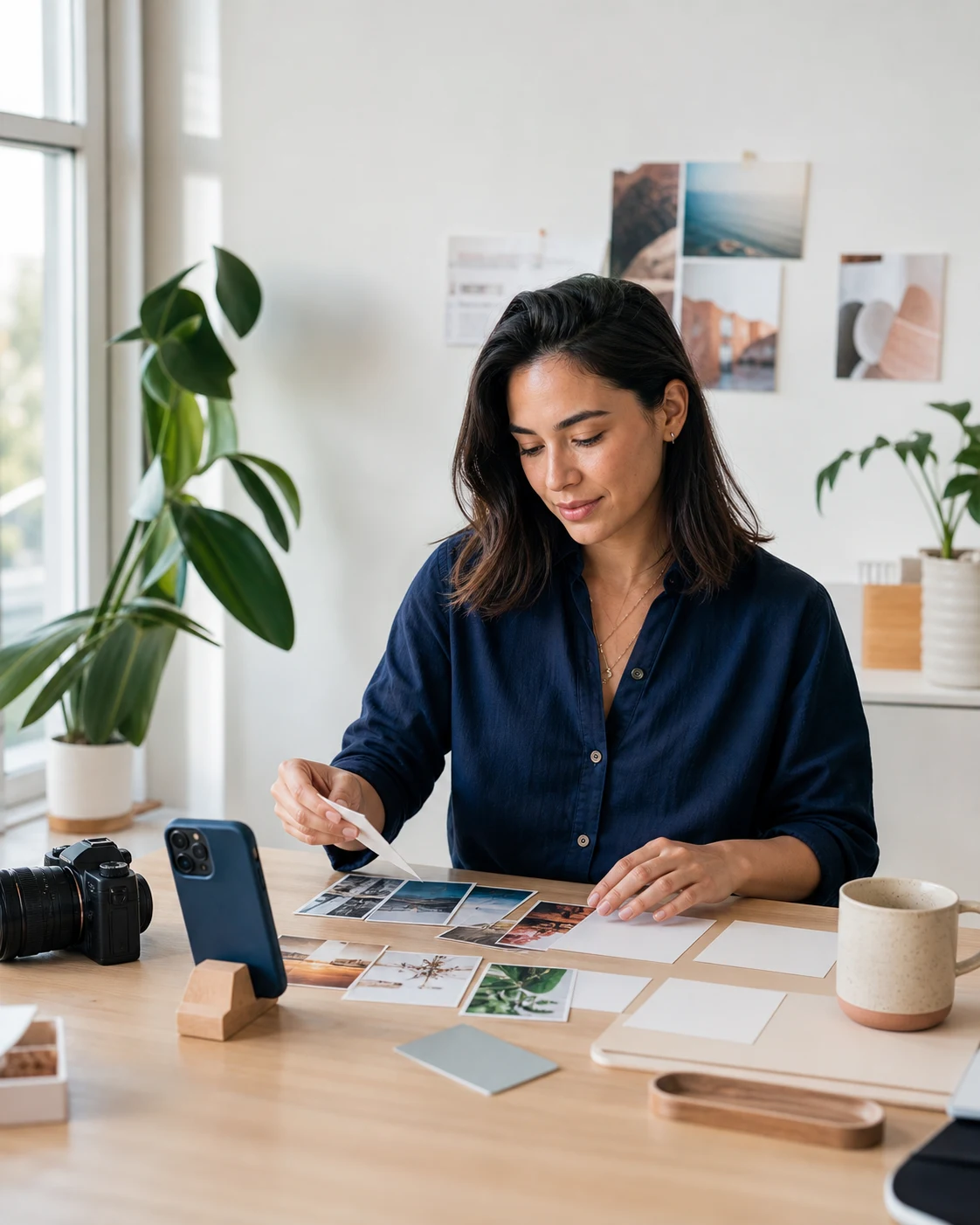 Creator moving between several social channels with a calm workspace